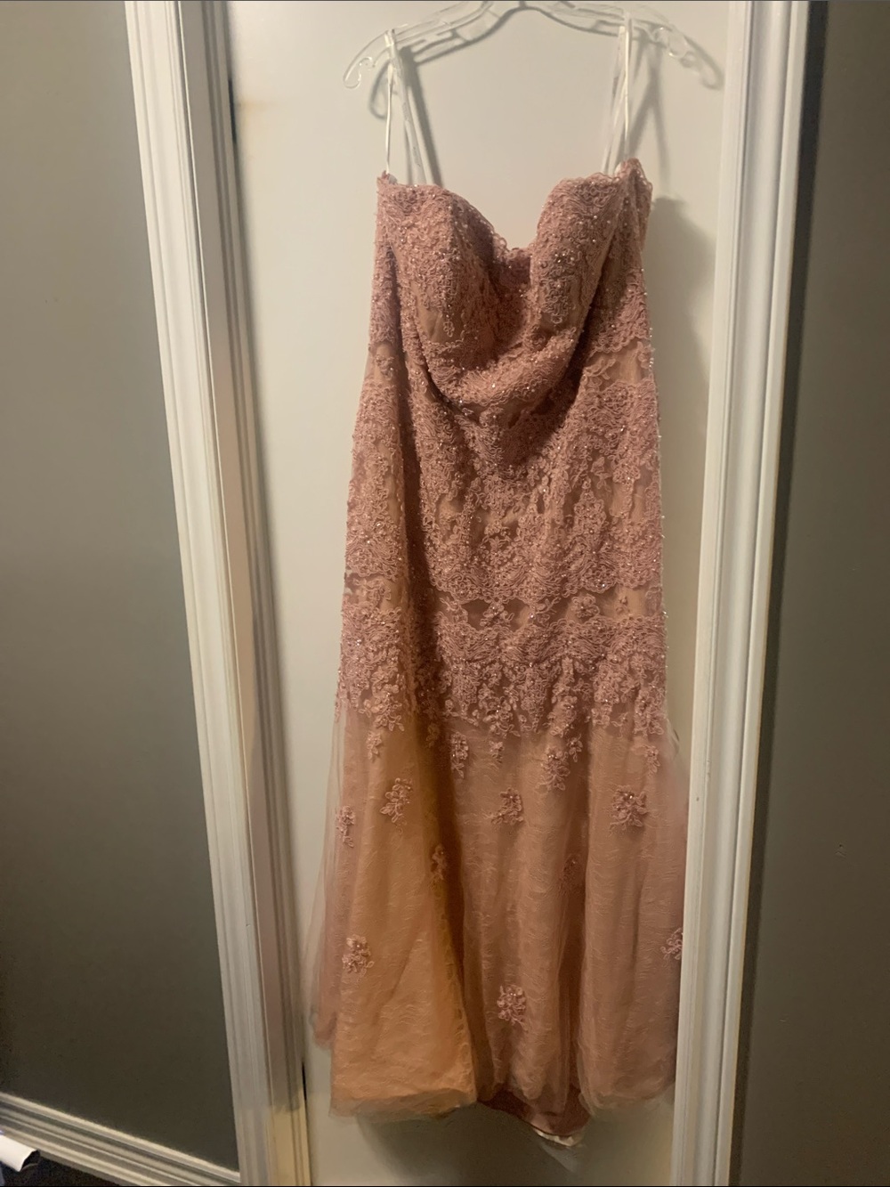 Montage by Mon Cheri Strapless Lace Gown in Dusty Rose Blush